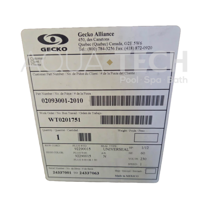 Gecko Aqua-Flo CircMaster Pump Side Discharge 230V (P/N: 02093001-2010)