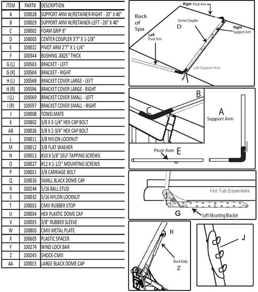 Hot Tub Parts - Leisure Concepts Cover Mate III Left Side Bracket (P/N: 100503)