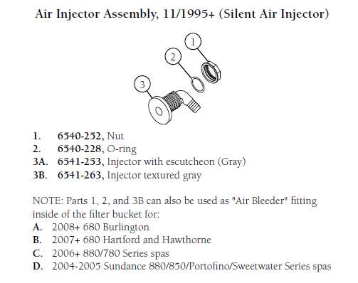 Hot Tub Parts - Sundance Spas Air Injector (P/N: 6541-253) SHIPS IN 8 TO 10 WEEKS